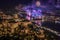 Budapest, Hungary - Aerial panoramic view of the 20th August 2019 state foundation fireworks with illuminated Buda Castle
