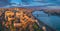 Budapest, Hungary - Aerial panoramic view of Buda Castle Royal Palace with Szechenyi Chain Bridge, Parliament