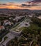 Budapest, Hungary - Aerial panoramic view of the Museum of Ethnography at City Park with Heroes` Square and skyline of Budapest