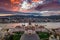 Budapest, Hungary - Aerial panoramic view of the Parliament of Hungary at sunset with beautiful dramatic purple clouds