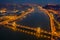 Budapest, Hungary - Aerial view at blue hour of Szechenyi Chain Bridge, Elisabeth Bridge and Statue of Liberty