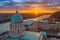 Budapest, Hungary - Aerial view of the dome of Buda Castle Royal palace at sunrise with Liberty Bridge, Elisabeth Bridge