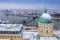 Budapest, Hungary - Aerial view of the dome of the snowy Buda Castle Royal Palace from above with the Szechenyi Chain Bridge