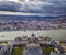 Budapest, Hungary - Aerial view of the Hungarian Parliament building at sunset with Christmas tree and Buda Hills