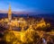 Budapest, Hungary - Aerial view of the illuminated Fisherman`s Bastion Halaszbastya and Matthias Church at dusk