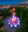 Budapest, Hungary - Aerial view of the Margaret Island Musical Fountain at dusk with Parliament building, Fisherman`s Bastion