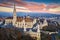 Budapest, Hungary - Aerial view of Matthias Church and Fisherman`s Bastion Halaszbastya at sunrise