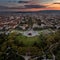 Budapest, Hungary - Aerial view of the Museum of Ethnography at City Park with skyline of Budapest at background at sunset