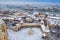 Budapest, Hungary - Aerial view of the snowy Fisherman`s Bastion Halaszbastya at Buda district on a winter morning