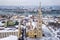 Budapest, Hungary - Aerial view of snowy Matthias Church and Fisherman`s Bastion with Parliament of Hungary