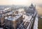 Budapest, Hungary - Aerial view of the snowy riverside of Pest with Parliament of Hungary and St.Stephen`s Basilica