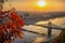 Budapest, Hungary - Autumn foliage with Liberty Bridge at sunrise