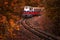 Budapest, Hungary - Beautiful autumn forest with foliage and old colorful train on the track