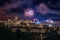 Budapest, Hungary - Beautiful illuminated Buda Castle Royal Palace with Szechenyi Chain Bridge and fireworks