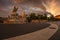 Budapest, Hungary - Beautiful morning lights at Fisherman`s Bastion and statue of Stephen I. with colorful sky