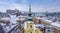 Budapest, Hungary - Catholic church with snowy Buda district, Buda Castle Royal Palace, Varkert Bazaar, Szechenyi Chain Bridge