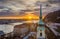 Budapest, Hungary - Church tower and Elisabeth Bridge with a beautiful sunrise