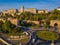 Budapest, Hungary - Clark Adam square roundabout from above at sunrise with Buda Castle Royal Palace