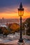 Budapest, Hungary - Colorful autumn morning at Budapest. Street lamp at the Fisherman`s Bastion, St. Stephen`s Basilica