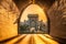 Budapest, Hungary - Entrance of the Buda Castle Tunnel at sunrise with empty Szechenyi Chain Bridge