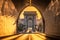 Budapest, Hungary - Entrance of the Buda Castle Tunnel at sunrise with Szechenyi Chain Bridge and Academy of Science