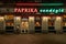 Budapest, Hungary - Feb 10, 2020: Traditional Hungarian restaurant Paprika in the night with neon lights on