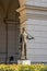 Budapest, Hungary - Feb 8, 2020: Bronze male Reaper man statue outside bloody thursday memorial site