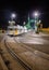 Budapest, Hungary - Festively decorated light tram Fenyvillamos on the move at Liberty Bridge Szabadsag hid by night