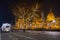 Budapest, Hungary - Festively decorated light tram Fenyvillamos on the move with Parliament of Hungary