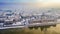 Budapest, Hungary - Golden sunrise over Budapest with snowy rooftops, Parliament of Hungary and St. Stephen`s Basilica