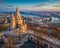 Budapest, Hungary - The main tower of the famous Fisherman`s Bastion Halaszbastya from above