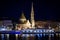 Budapest, Hungary - March 03, 2012. Night photo of Szilagyi Dezso Square Reformed Church on the shore of Donau