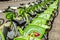 Budapest, Hungary - March 25, 2018: Public green bicycles to rent in the center of the Hungarian city. Bike-sharing