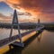 Budapest, Hungary - Megyeri Bridge over River Danube at sunset with heavy traffic, beautiful dramatic clouds