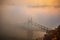 Budapest, Hungary - Mysterious foggy sunrise with Liberty Bridge Szabadsag hid and hazy skyline of Budapest