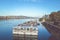 Budapest, Hungary - Nov 6, 2019: Huge tourist cruise ship on the Danube river in the Hungarian capital. Historical center in the