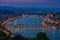 Budapest, Hungary - Panoramic skyline view at blue hour of the famous Szechenyi Chain Bridge