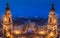 Budapest, Hungary - Panoramic skyline view of Budapest from Saint Stephens Basilica at blue hour