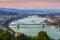 Budapest, Hungary - Panoramic skyline view at sunset of the famous Szechenyi Chain Bridge