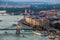 Budapest, Hungary - Panoramic skyline view at sunset of the famous Szechenyi Chain Bridge, Margaret Bridge