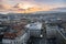 Budapest, Hungary - Panoramic view of Budapest from the colonade of St. Stephen`s Basilica at sunset. View of the cathedral tower