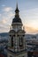 Budapest, Hungary - Panoramic view of Budapest from the colonade of St. Stephen`s Basilica at sunset. View of the cathedral tower