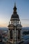 Budapest, Hungary - Panoramic view of Budapest from the colonade of St. Stephen`s Basilica at sunset. View of the cathedral tower