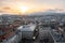 Budapest, Hungary - Panoramic view of Budapest from the colonade of St. Stephen`s Basilica at sunset. View of the cathedral tower