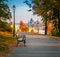 Budapest, Hungary - Romantic sunrise scene at Buda district with bench, lamp post, autumn foliage