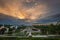 Budapest, Hungary - Rooftop garden of the Museum of Ethnography at City Park with beautiful colorful sunset clouds