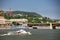 BUDAPEST, HUNGARY- SEPTEMBER 30, 2019: Passanger ship sailing the Danube River near Margaret Bridge.