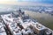 Budapest, Hungary - Snowy rooftops of Budapest at Kossuth Square with Parliament of Hungary on a foggy morning