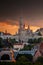 Budapest, Hungary - St Matthias Church and Fisherman`s Bastion Halaszbastya with beautiful golden sunset and dramatic sky on a s