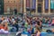 Budapest - June 21, 2019: Yoga event at dawn in Heroes Square in Budapest, Hungary